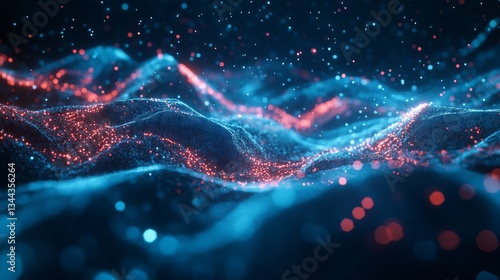 Dynamic Abstract Waves of Glowing Particles in Blue and Red Against a Dark Background