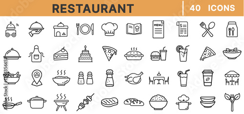 Restaurant and Food Line Icons – Dining, Cooking, Chef, Menu, Cutlery, Dish, Drink, Fast Food, Bakery, Coffee, Catering, Meal, Kitchen, Gourmet, Table Service