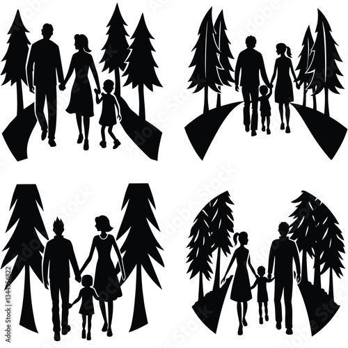 Vector silhouettes of people with shopping bags, walking in fashion, including men, women, children, and a couple, carrying luggage and bags
