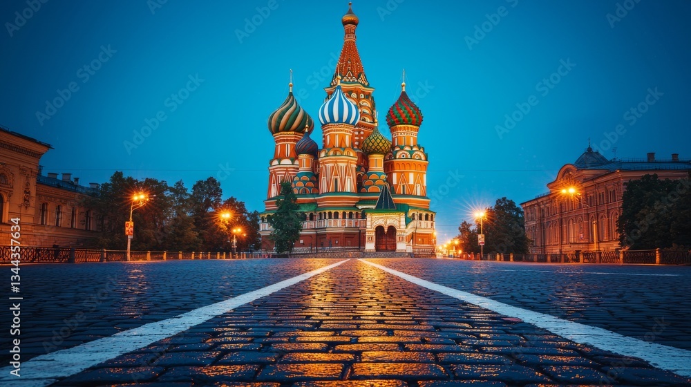 Fototapeta premium Majestic Saint Basil's Cathedral at Night Moscow Landmark Photography Urban Environment Low Angle View Architectural Beauty