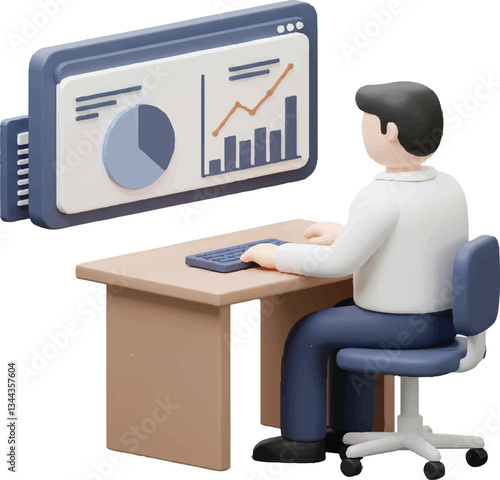 vector 3D Businessman Analyzing Data Charts on Computer