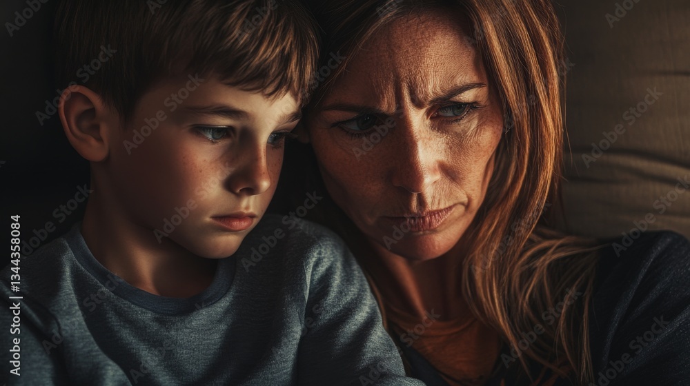 Emotional Moment Between Mother and Son Reflecting Concern and Support in Dim Light Emotional Moment Between Mother and Son Reflecting Concern and Support in Dim Light