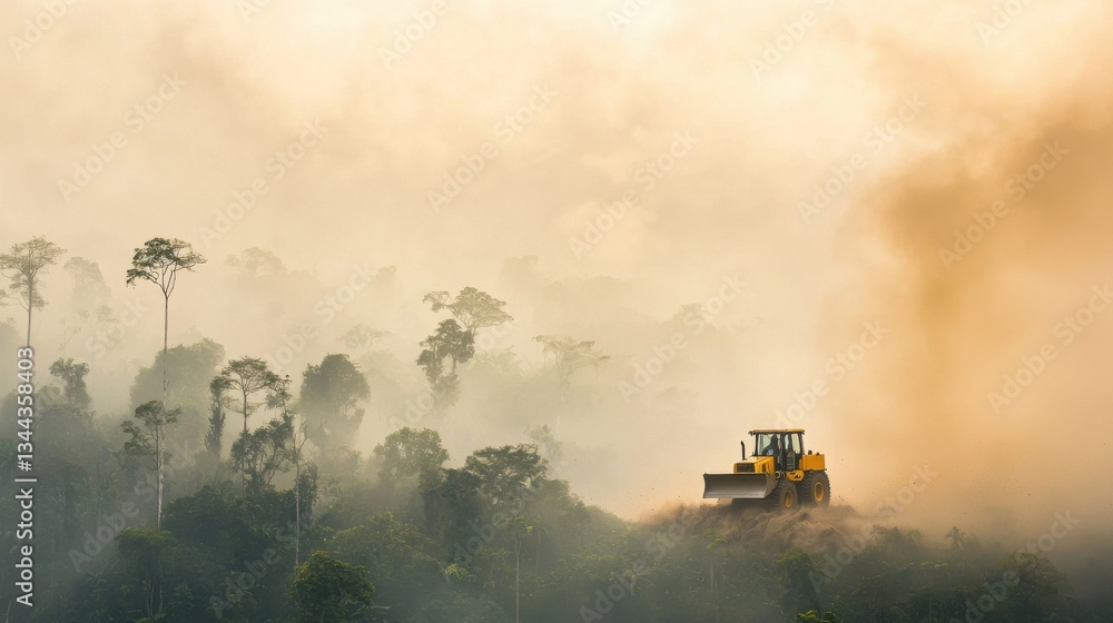 Fototapeta premium Heavy Machinery Clearing Forest Scene in Misty Landscape at Sunrise