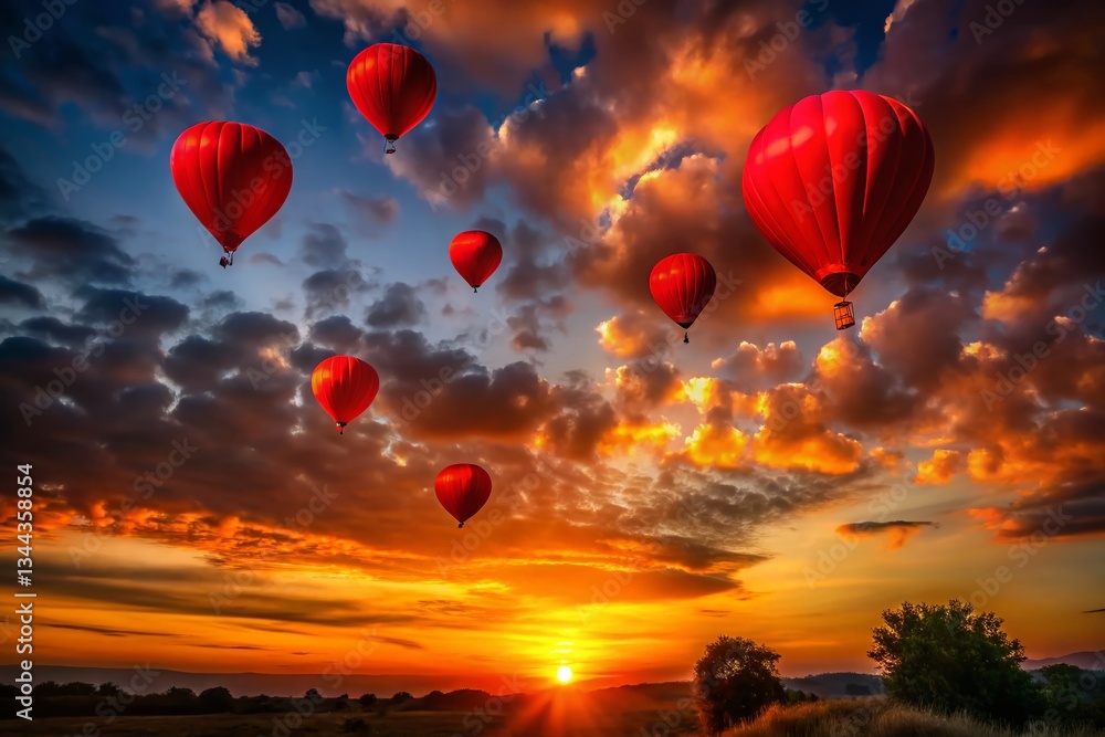 Fototapeta premium Silhouetted Red Balloons Ascending at Sunset - Dramatic Stock Photo