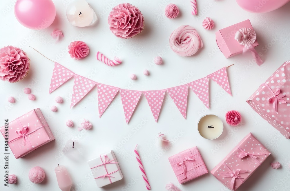 Top view of pink party decorations with bunting, gifts, balloons, candy canes, paper balls, polka dot and stripe boxes on white background, light and dark pink shades, space for text/graphics bottom r Top view of pink party decorations with bunting, gifts, balloons, candy canes, paper balls, polka dot and stripe boxes on white background, light and dark pink shades, space for text/graphics bottom r