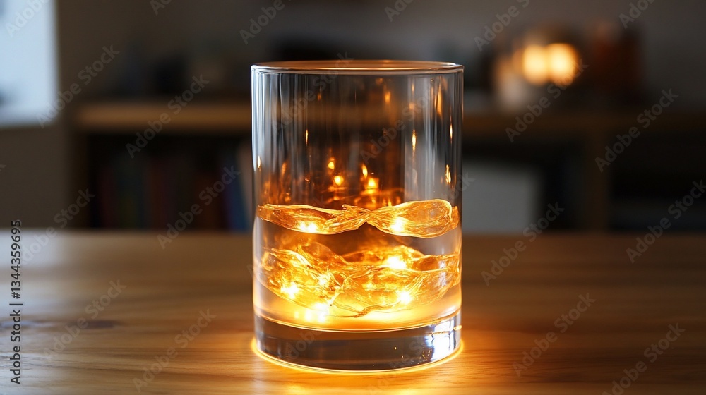 Illuminated Glass of Water on Wooden Table Illuminated Glass of Water on Wooden Table