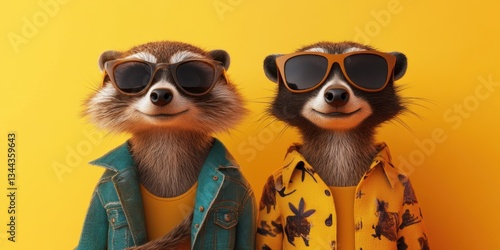 Cool Critters: Two stylish meerkats, sporting sunglasses and vibrant outfits, exude playful charm against a sunny background.