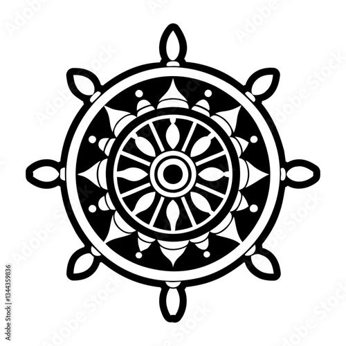 A glyph style icon of dharma wheel symbol