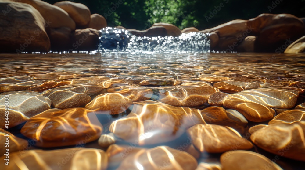 Obraz premium Sunlit Streambed with Smooth Brown Rocks and Gentle Waterfall