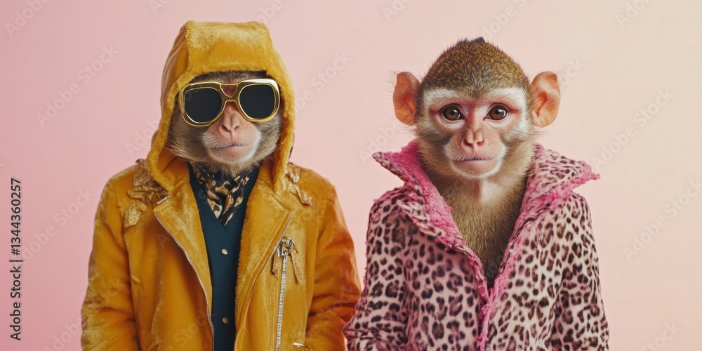 Obraz premium Stylish Monkeys: Two monkeys, dressed in fashionable attire, strike a pose. One wears a trendy yellow jacket, cool sunglasses and the other one in leopard print outfit.