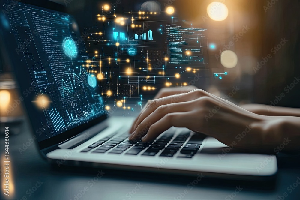 Hands typing on laptop with AI data visualization Hands typing on laptop with AI data visualization