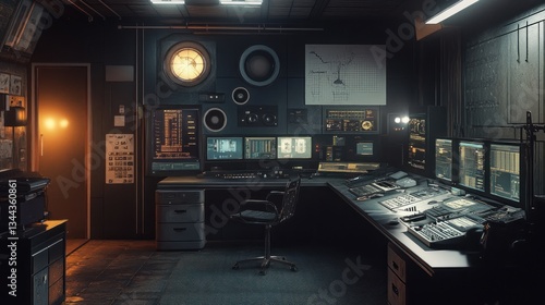 Wallpaper Mural Futuristic control room interior with monitors, consoles, and technical equipment. Torontodigital.ca