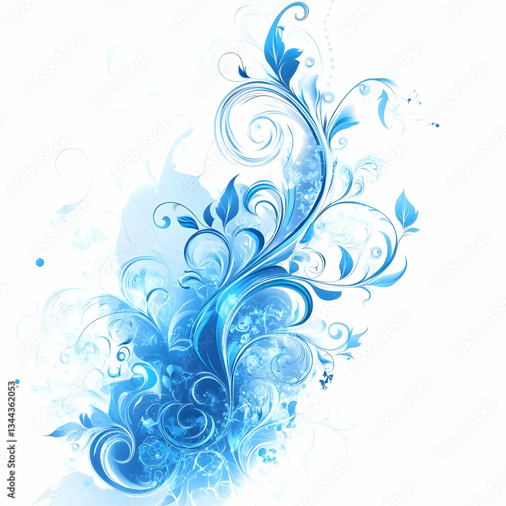 Blue floral design, winter theme, elegant swirls, background splash Blue floral design, winter theme, elegant swirls, background splash