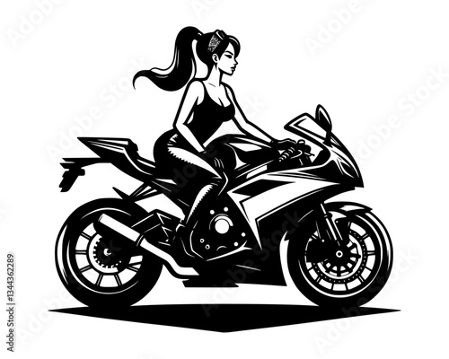 A vector silhouette of a female biker on a motorcycle isolated on a white background.