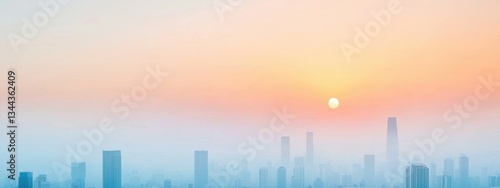 Serene Sunrise Over City Skyline With Soft Mist and Warm Colors