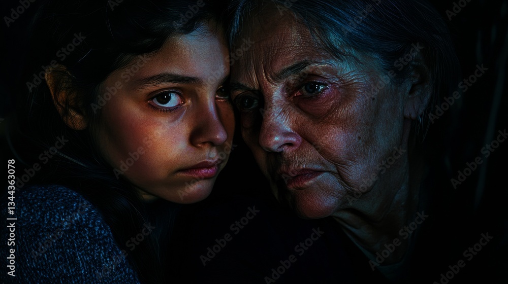Intimate Portrait of a Young Girl Embracing an Elderly Woman in Darkened Room with Soft Light Intimate Portrait of a Young Girl Embracing an Elderly Woman in Darkened Room with Soft Light