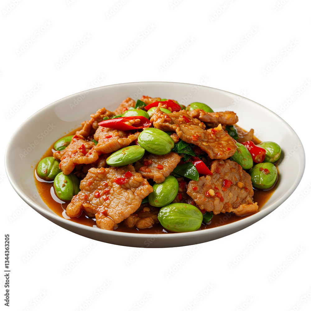 spicy stir-fried pork with cluster beans, also known as bitter or stink beans. It's a popular dish from southern Thailand, presented on a white background. spicy stir-fried pork with cluster beans, also known as bitter or stink beans. It's a popular dish from southern Thailand, presented on a white background.