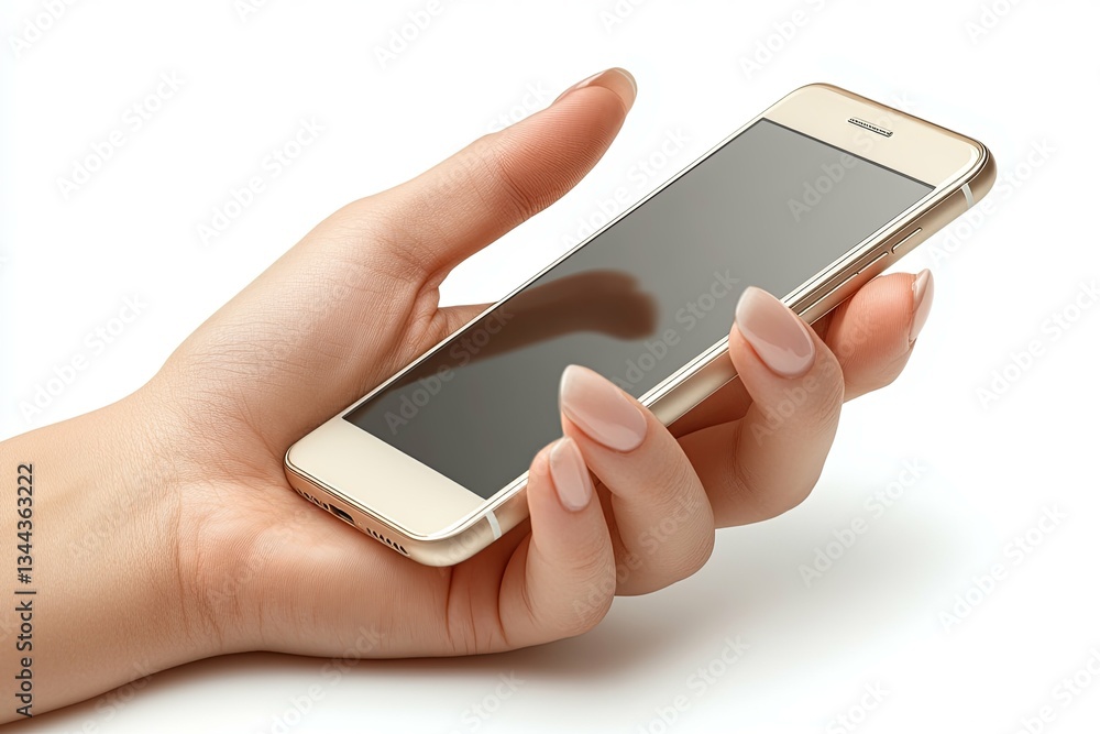 A female hand gently holding a shiny gold colored smartphone device