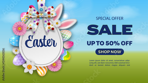 easter sale banner with egg shaped label, bow and ribbon. easter sale background with colorful eggs and flowers