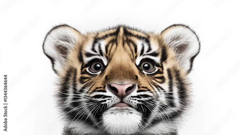 Fototapeta premium Close-up of a baby tiger's face with large eyes and soft fur, isolated on a white background. Perfect for wildlife and nature themes. 