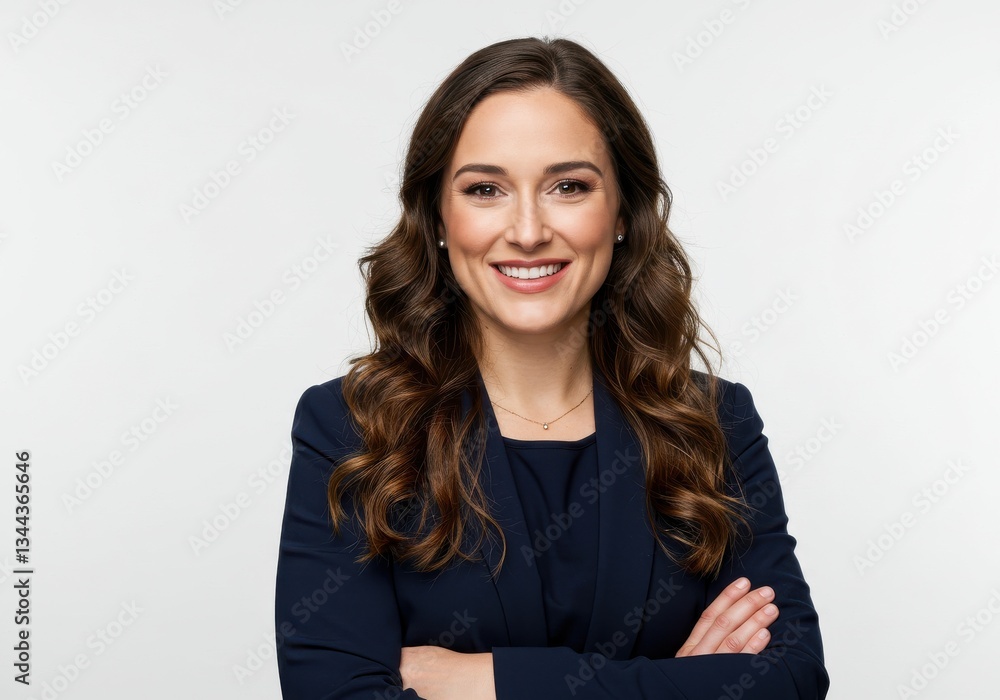 Confident woman in navy blue blazer with warm smile and arms crossed in professional headshot Confident woman in navy blue blazer with warm smile and arms crossed in professional headshot