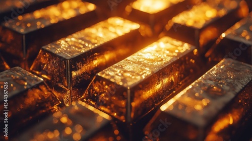 A large collection of gold bars stacked neatly in rows, shining brightly.