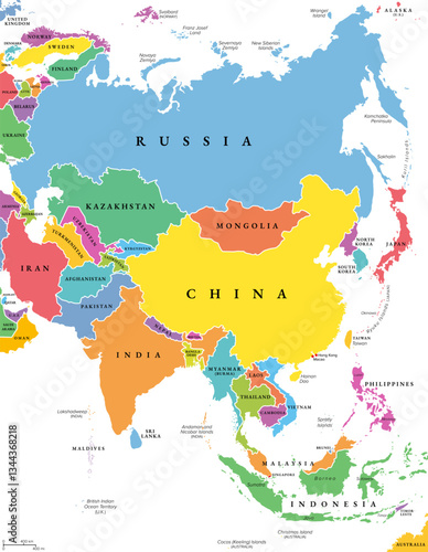 Asia, multi colored political map. Largest continent in the world by land area and population. Map with colored single states, largest islands, labeled with English country names. Isolated vector.