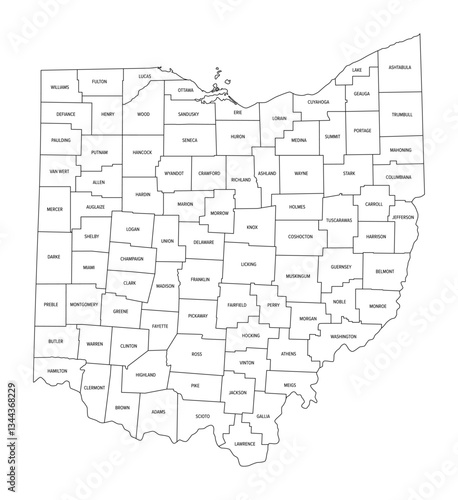 State of Ohio subdivided into 88 counties, outline map. State in the Midwestern region of the United States, nicknamed The Buckeye State, Birthplace of Aviation, and The Heart Of It All. Vector