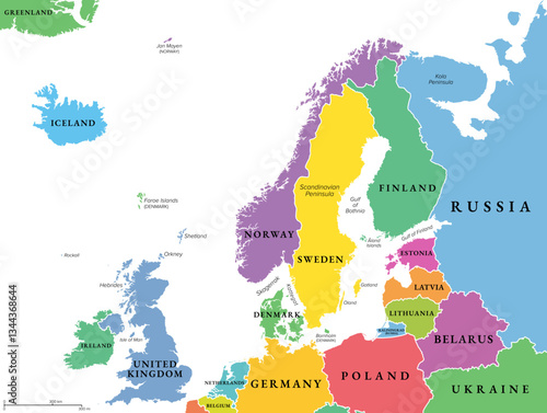 Northern Europe, multi colored political map of the British Isles, of Fennoscandia, the Jutland peninsula, with the Baltic plain lying to the east, and islands offshore from mainland Northern Europe.