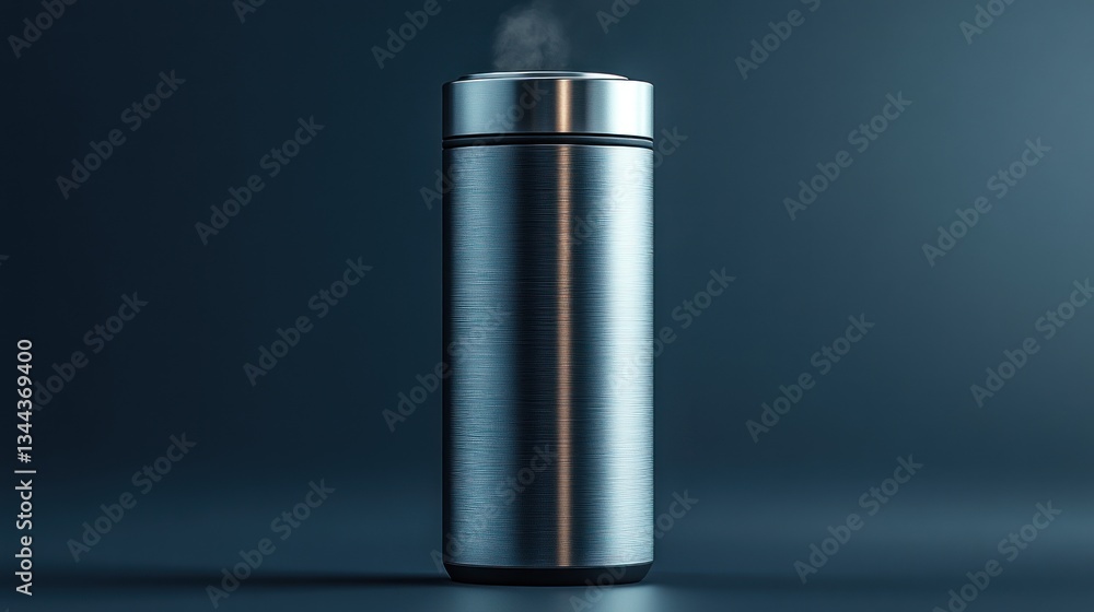 Stainless steel thermos with steam, isolated on dark blue background. Stainless steel thermos with steam, isolated on dark blue background.