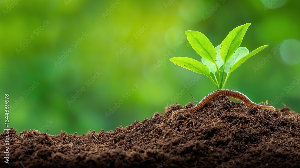 Fototapeta premium Green Plant Emerging from Soil with Earthworm under Natural Light