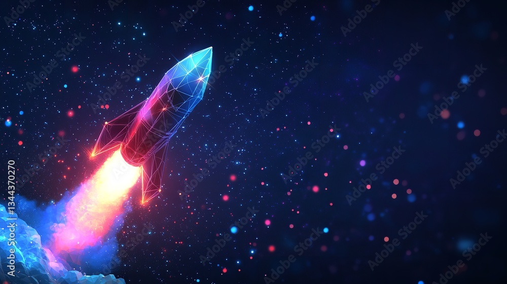 Low Poly Rocket Launch Space Flight Night Cosmic Neon red art fire blue pink dark stars speed blast Low Poly Rocket Launch Space Flight Night Cosmic Neon red art fire blue pink dark stars speed blast