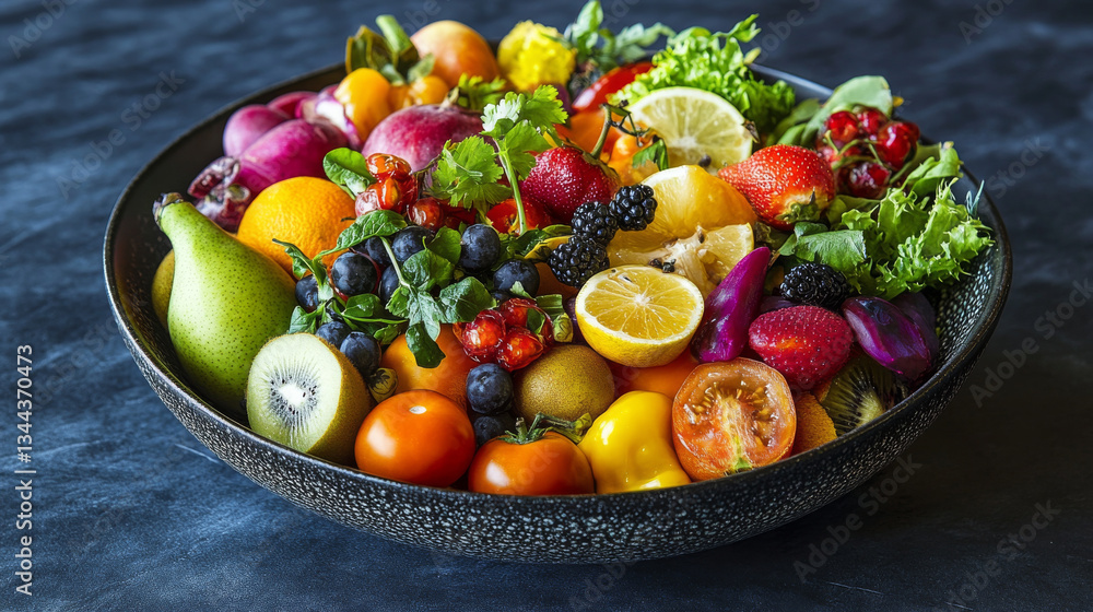 vibrant fruit bowl overflowing with variety of fresh fruits and vegetables, including berries, citrus, and leafy greens, creating colorful and healthy display vibrant fruit bowl overflowing with variety of fresh fruits and vegetables, including berries, citrus, and leafy greens, creating colorful and healthy display