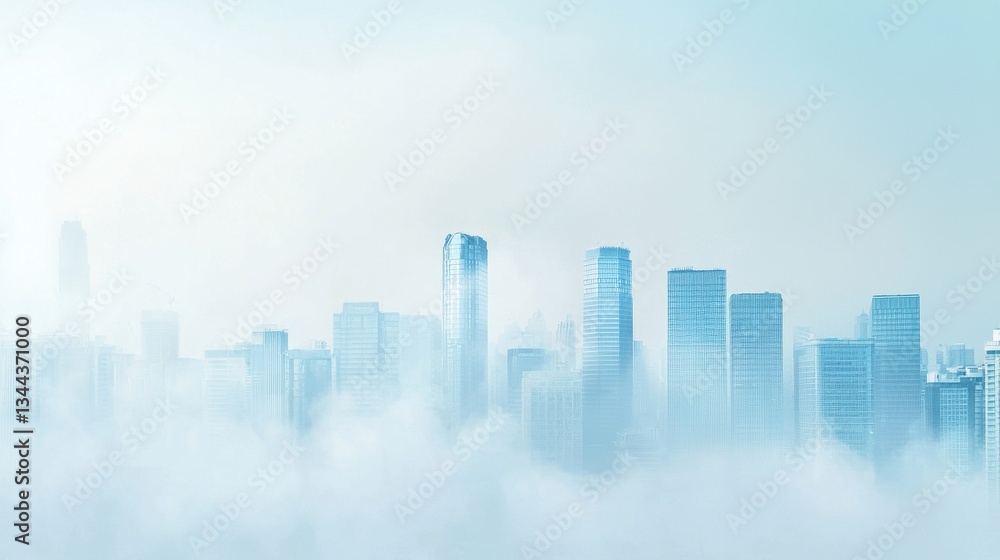 Misty City Skyline with Modern Buildings and Soft Blue Atmosphere Misty City Skyline with Modern Buildings and Soft Blue Atmosphere