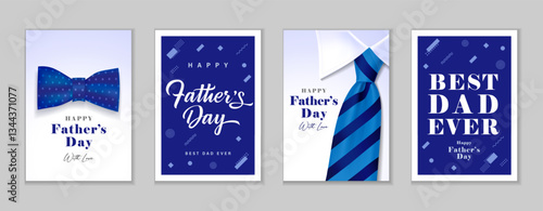 Happy Fathers Day 2025 creative greeting cards set. Father’s Day calligraphy posters with bow tie, striped men's necktie and memphis elements. Vector illustration