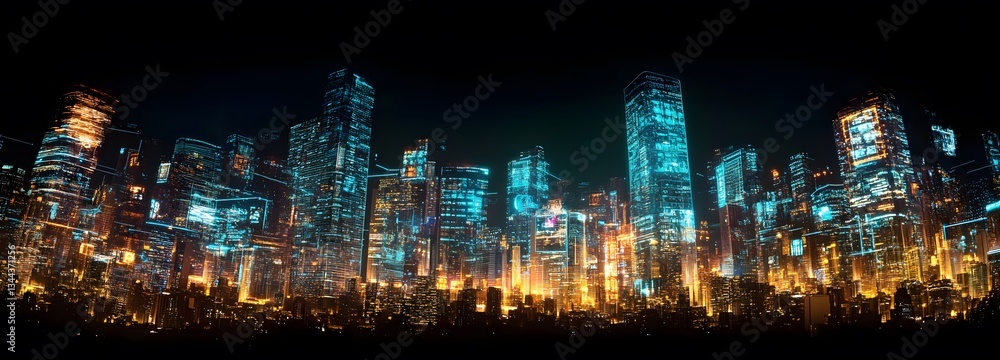 A dystopian city ruled by AI, towering holographic billboards displaying mysterious messages