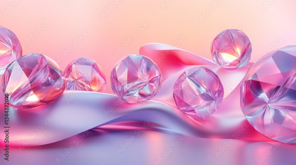 Fototapeta premium Pink gems, silk wave, glow, backdrop
