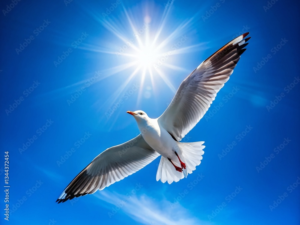 Obraz premium Silhouette Seagull Soaring: Majestic Bird in Flight Against a Summer Sky
