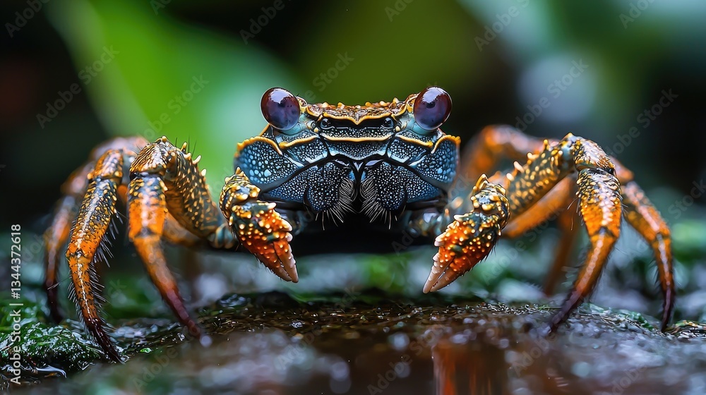 Close-up of a vibrant crab perched on wet foliage in a lush environment Close-up of a vibrant crab perched on wet foliage in a lush environment