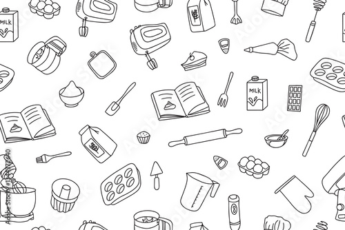 Seamless pattern of baking accessories. Kitchen utensils in doodle style on white background. Fashionable print for your design
