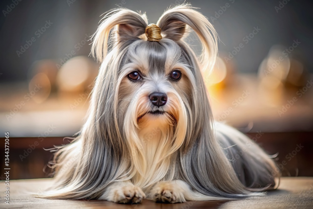 Naklejka premium Silky Gray & White Dog, Topknot Hairstyle - Candid Pet Portrait