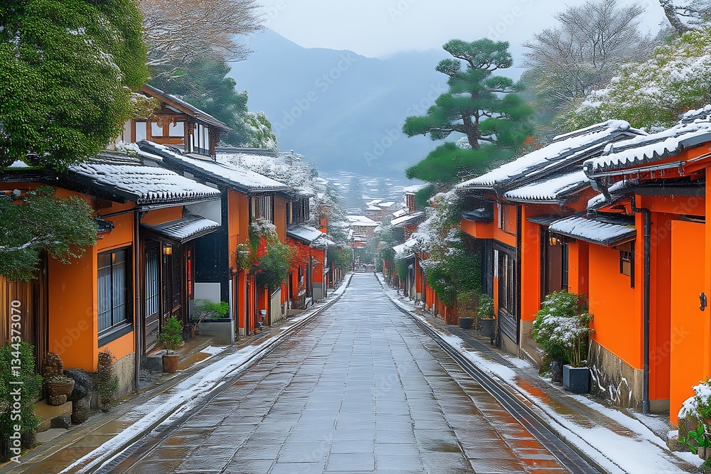 Winter in Kyoto Street with Snow Covered Traditional Japanese Architecture Winter in Kyoto Street with Snow Covered Traditional Japanese Architecture