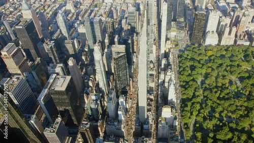 
Detail Aerial View of Modern Skyscrapers in Midtown Manhattan, New York City. W 59 Street and Broadway. Columbus Circle and Central Park. High Quality Content Shot from Helicopter.