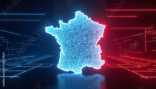 Futuristic digital map of France with neon glow, high-tech design