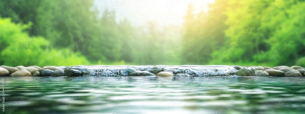 Fototapeta premium Tranquil Stream with Clear Water and Lush Green Forest Background