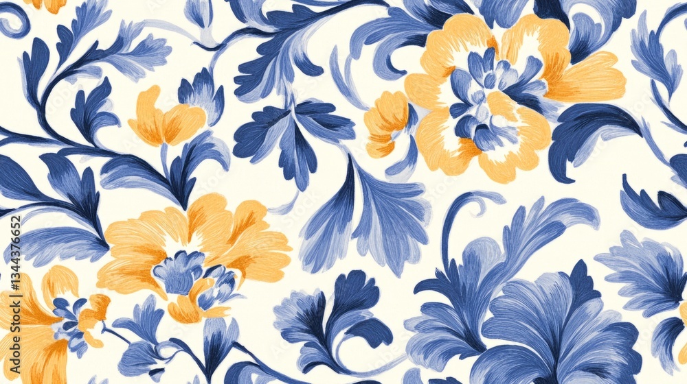 Obraz premium Seamless pattern decorative floral pattern with blue and gold flowers on a light background. Elegant botanical design for textiles, wallpaper
