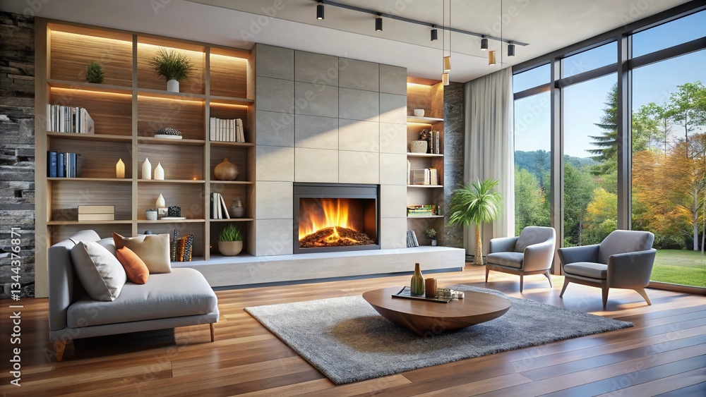 Obraz premium Sleek Modern Gas Fireplace in Contemporary Living Room Interior