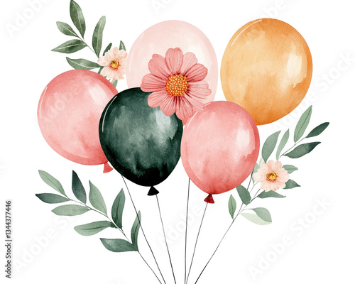 Colorful balloons with flowers and leaves for celebration isolated on transparent background
