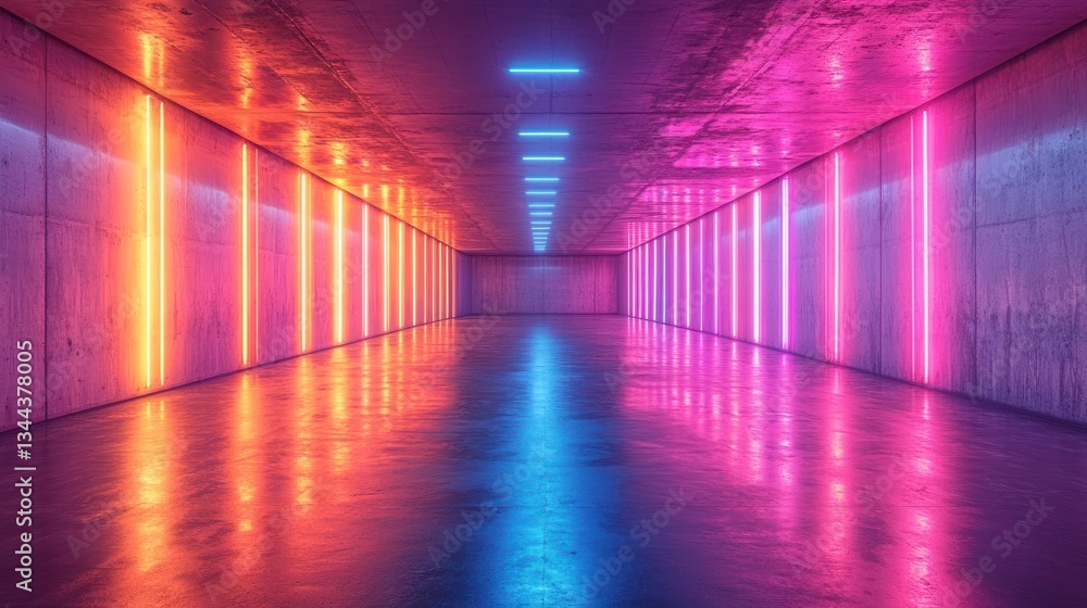 Neon lights illuminate a reflective concrete corridor. Neon lights illuminate a reflective concrete corridor.