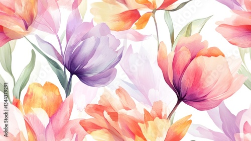 Seamless pattern with elegant red and pink tulips painted in watercolor style on white background